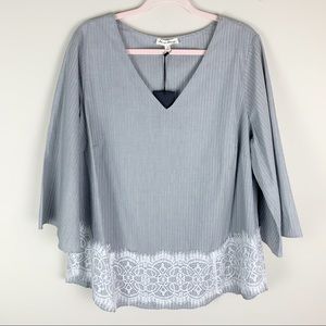 Jane & Delancey Gray Striped Lace Trim Blouse 1X